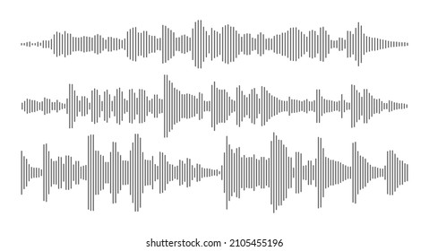 Vector Sound, Music And Audio Waves. Voice, Radio Frequency Waveforms On Background. Line Soundwaves Of Signal, Volume. Graphic Abstract Black Set Of Beats, Pulses Of Track, Song. Digital Illustration