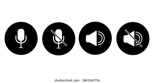Vector sound on and off icons. Microphone on mute button. Silence symbol. Chat buttons. Stock image.