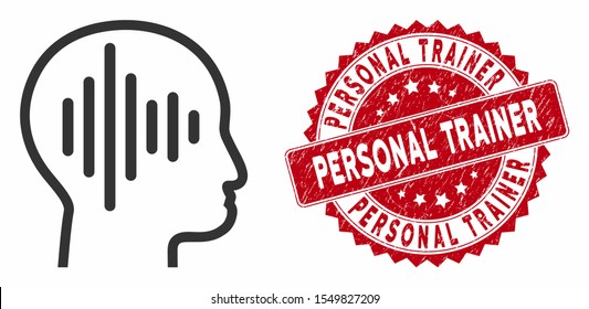 Vector sound thinking icon and grunge round stamp seal with Personal Trainer caption. Flat sound thinking icon is isolated on a white background.