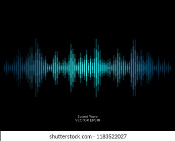 Vector sound wave in blue green color light dynamic flowing on black background in concept of music, sound, science or technology.