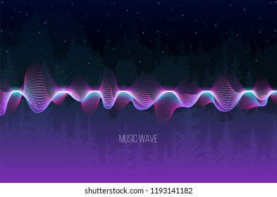 Vector sound wave from dots for chillout music on forest background. Vector illustration