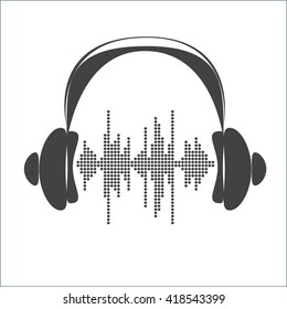 Vector sound wave with headphones. Equalizer Music polygons monochrome waveform background. You can use in club, radio, pub, party, concerts, recitals or the audio technology advertising .