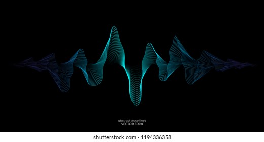 Vector sound wave lines dynamic in blue green color light flowing on black background for concept of music, sound, technology
