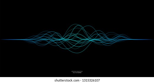 Vector sound wave lines dynamic in blue green color light flowing on black background for concept of music, sound, technology, ai