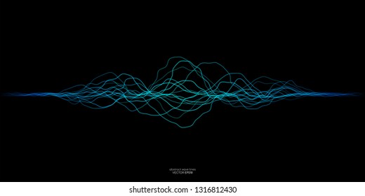 Vector sound wave lines dynamic in blue green color light flowing on black background for concept of music, sound, technology, ai