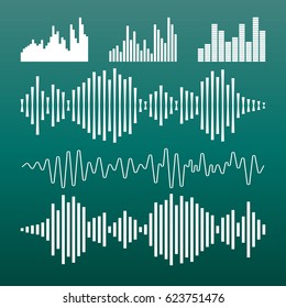 Vector sound waveforms icon. Sound waves and musical pulse vector illustration on green background.