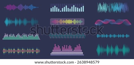 Vector sound waves collection. Music equalizer. Interference voice recording. High frequency radio wave. 