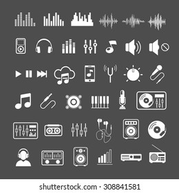 Vector Sound waves, musical pulse and devices icons
