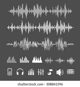 Vector ondas sonoras, impulsos musicales e iconos de dispositivos