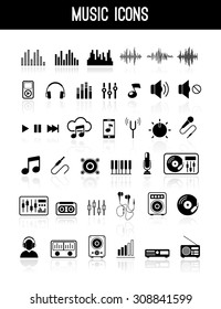 Vector Sound waves, musical pulse and devices icons