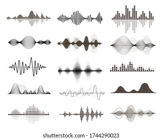 Vector sound waves set. Audio Music waveform, electronic equalizer curve, digital voice signal.
