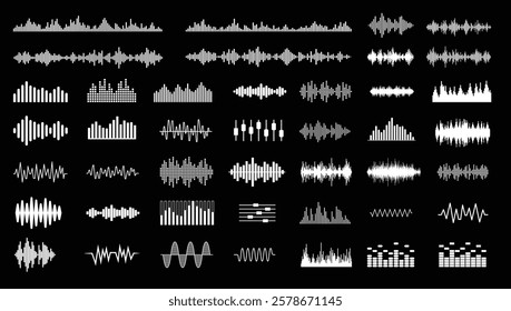 Vector sound waves - Set of audio music illustration graphics and symbols showing spectrum waveform and various equaliser icons and elements in black colour on white background