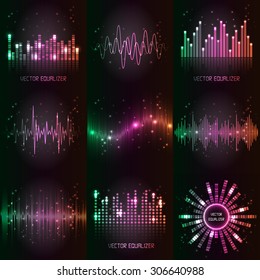 Vector sound waves set. Audio equalizer technology, pulse musical. Vector illustration