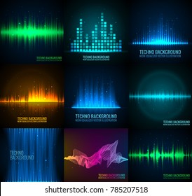 Ondas sonoras vetoriais definidas. Leitor de áudio. Tecnologia de equalizador de áudio, pulso musical. Ilustração vetorial.