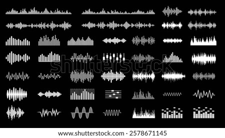 Vector sound waves - Set of audio music illustration graphics and symbols showing spectrum waveform and various equaliser icons and elements in black colour on white background