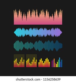 Vector sound waves set. Music colorful elements for your design on black background. Vector stock illustration.