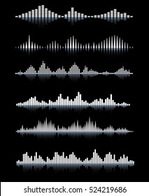 Vector sound waves with shadows on black background. Audio equalizer set. Vector illustration