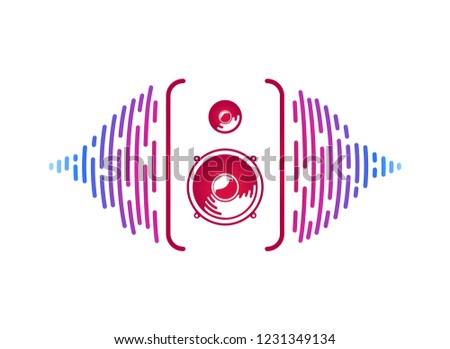 Vector sounds speaker with loudsound visualization isolated vector music equipment. Logo of sound power on white background