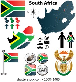 Vector of South Africa map with flag, coat of arms and other icons on white