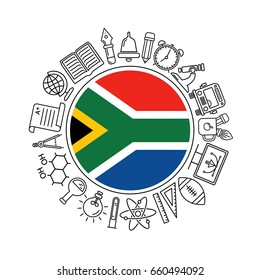 Vector South Africa school background, with black linear icons on white. Education pattern with modern line style icons and South Africa flag.