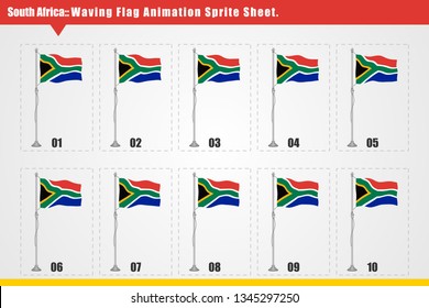 Vector South Africa waving flag animation. Sequence frames sprite sheet illustration. Smooth waving animation sprites on white background, South Africa flag vector animation frames.