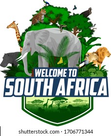 vector south african emblem with animals with giraffe, elephant, lions, hippo, Hartlaub's turaco and butterflies	
