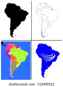 Vector Sudamérica Mapas Colección silueta de línea política topografía también con países sudamericanos bandera de unión UNASUR dibujar para continente entero fronteras islas océanos principales ríos lagos 