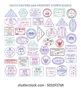 Vector south eastern asia color travel visa stamps bundle