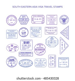 Vector south eastern asia common travel visa stamps set