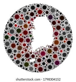 Collage de mapas de coronavirus de Corea del Sur vectorial. La infección ataca el territorio de bloqueo desde afuera. Collage de mapas de Corea del Sur en círculo de hoyos diseñado con elementos patógenos.