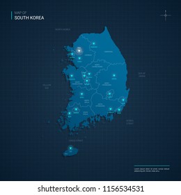 Vector South Korea map illustration with blue neon lightpoints - triangle on dark blue gradient background. Administrative divisions, cities, borders, capital. Neon tech background with glow. 