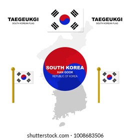 Vector South Korea Map, Korean Flag, Taegeukgi, Graphic Poster, Traditional Background, Asian Culture Elements