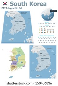 Vector South Korea political and administrative divisions maps, South Korea flag, Earth globe showing country location, map markers and related icon set