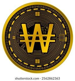 Vector of South Korean won Digital Currency in gold and black colors on a white background.