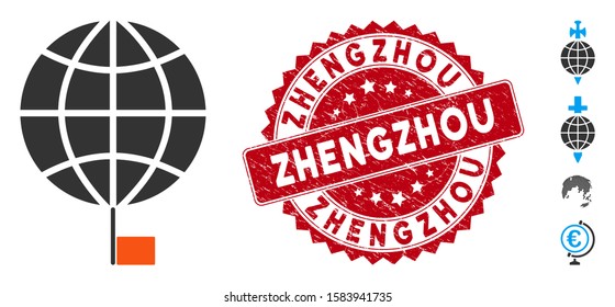 Vector south pole icon and distressed round stamp seal with Zhengzhou phrase. Flat south pole icon is isolated on a white background. Zhengzhou stamp seal uses red color and dirty texture.