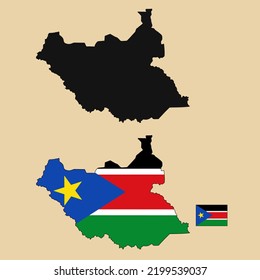 Vector of South Sudan country outline map with flag set isolated on plain background. Silhouette of country map can be used for template, report, and infographic.