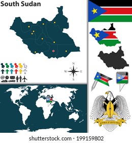 Vector of South Sudan set with detailed country shape with region, coat of arms, flags and icons