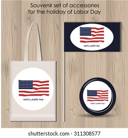 vector souvenir set of accessories for the Labor Day on the wooden background, Bag, check-box and round badge with festive symbols and usa national colors