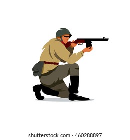 Vector soviet army soldier Cartoon Illustration. Military warrior in a helmet with a gun in his hand. Unusual Logo template isolated on a white background