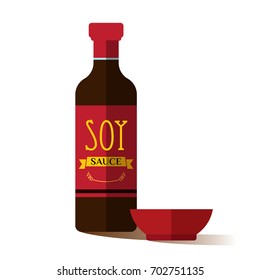 Vector soy sauce bottle with bowl, flat design icon, illustration on white background