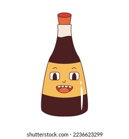 Vector soy sauce in retro style. Groovy soy sauce mascot. Hippie soy character 70s.