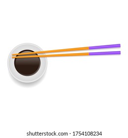 Vector Soy Sauce and Traditional Colored Asian Chopsticks for Food on White Square Background.