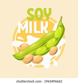 Vector soybean in cartoon style, soy milk label vector illustration.