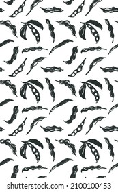 Vector Soybean pattern seamless. Hand-drawn soybean illustrations for Soy sauce label design. Whole pea pod drawings. Beans background. Vegan backdrop, vegetarian decoration. Organic food wallpaper.