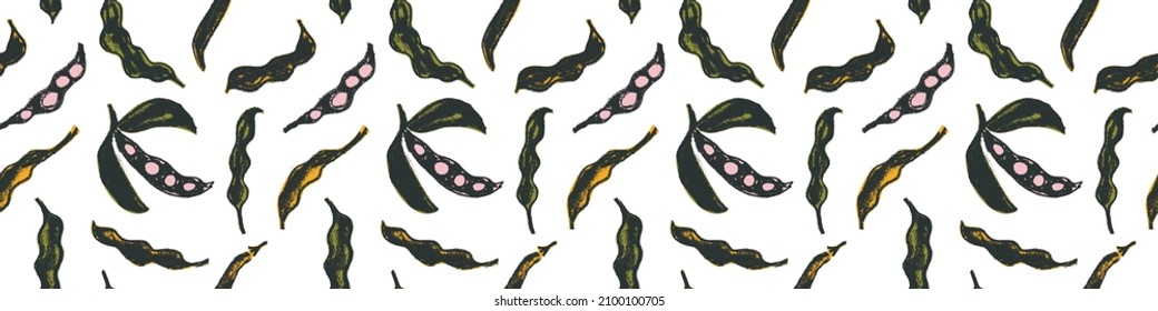 Vector Soybean pattern seamless. Hand-drawn soybean illustrations for Soy sauce label design. Whole pea pod drawings. Beans background. Vegan backdrop, vegetarian decoration. Organic food wallpaper.