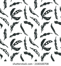 Vector Soybean pattern seamless. Hand-drawn soybean illustrations for Soy sauce label design. Whole pea pod drawings. Beans background. Vegan backdrop, vegetarian decoration. Organic food wallpaper.