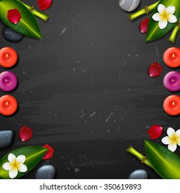 vector spa background with tropical flowers, green leaves and candles