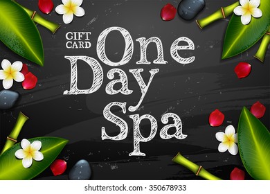 vector spa background with tropical flowers and green leaves. chalkboard art