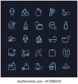 Vetor Spa e beleza ícones de linha fina definido em um fundo preto para web, poligrafia, etc.