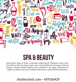 Vector spa and care doodle design elements with hand drawn lettering. Can be used for greeting cards, banners, patterns.